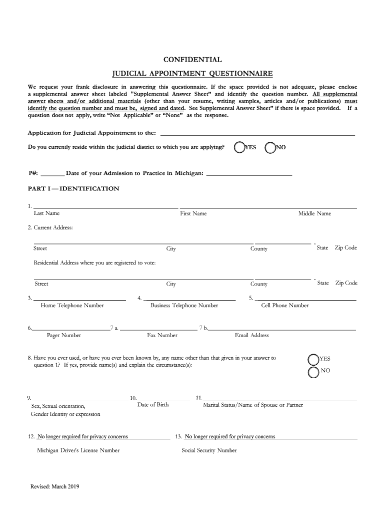 Judicial Appointment Questionnaire State Bar of Michigan  Form