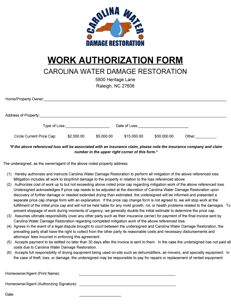 WORK AUTHORIZATION FORM Carolina Water Damage