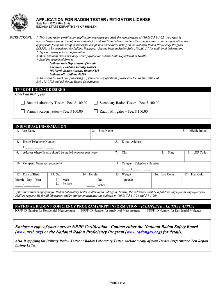INDIANA STATE DEPARTMENT of HEALTH APPLICATION  Form