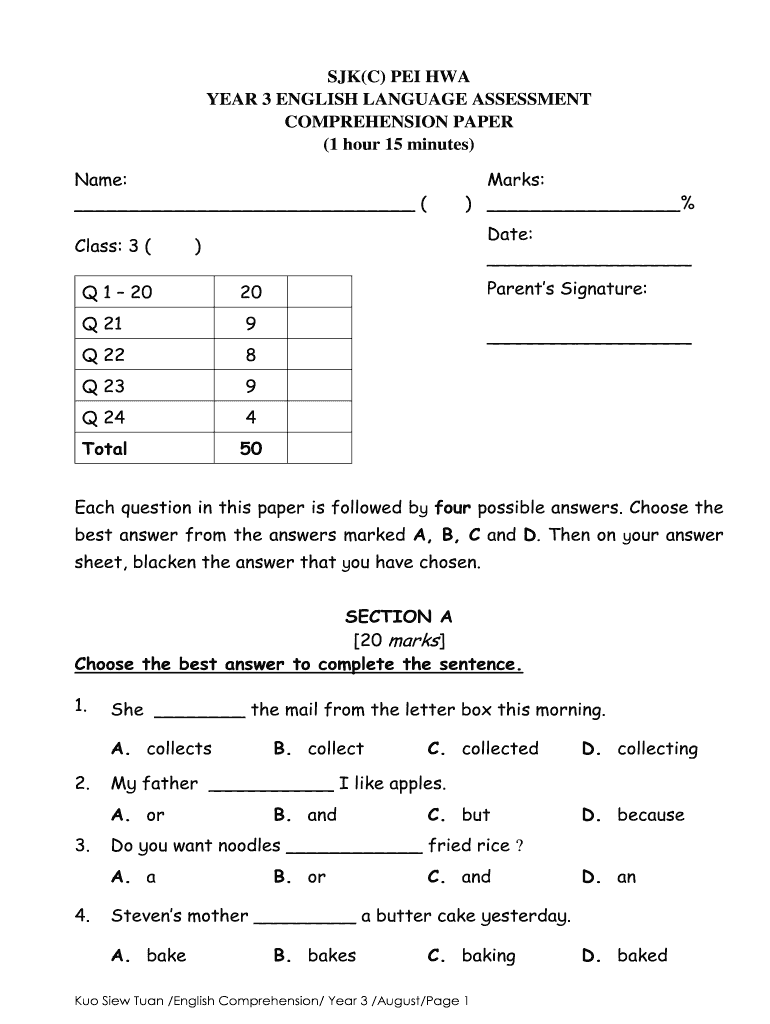 SjkC Pei Hwa Year 4 English Language Assessment 3  Form