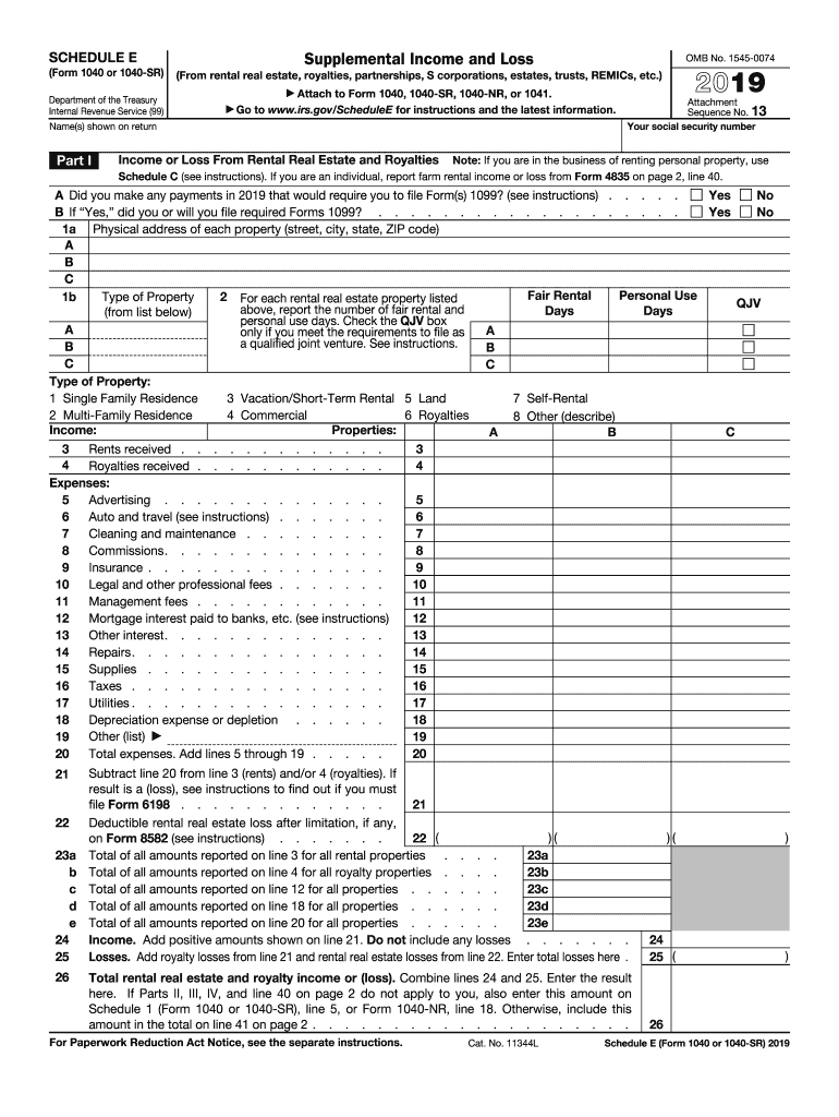 2019 Schedule E (1040 form)