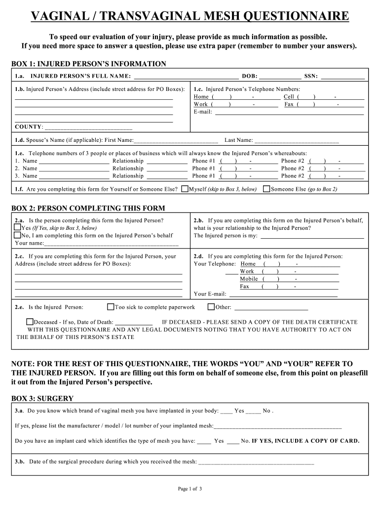 Transvaginal Mesh LawsuitSurgical Mesh Patch Implant Lawsuit  Form