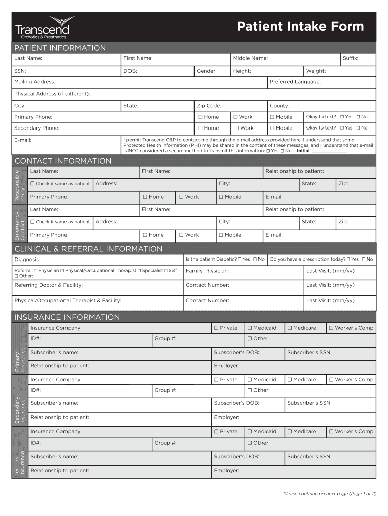 Patient Intake Form Transcend Orthotics & Prosthetics