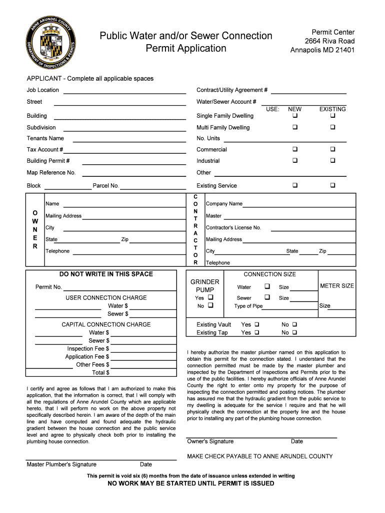 Public Water and or Sewer Connection Permit Application Xlsx  Form