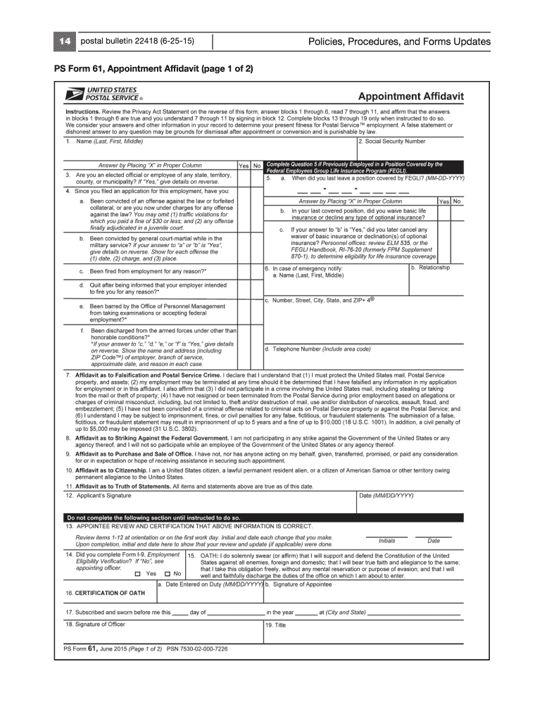  Ps Form 61 2015-2024