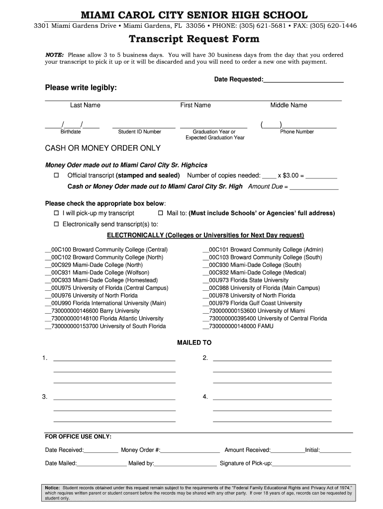 Transcript Request Form Miami Carol City Senior High School