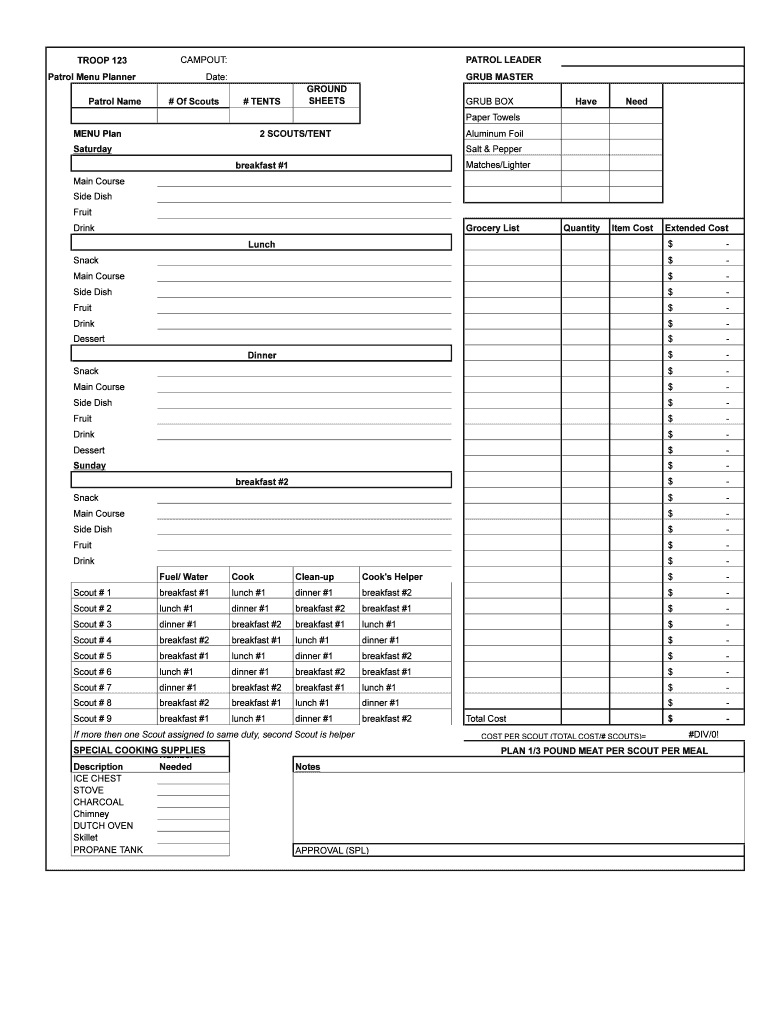 Patrol Menu Planning Worksheet  Form