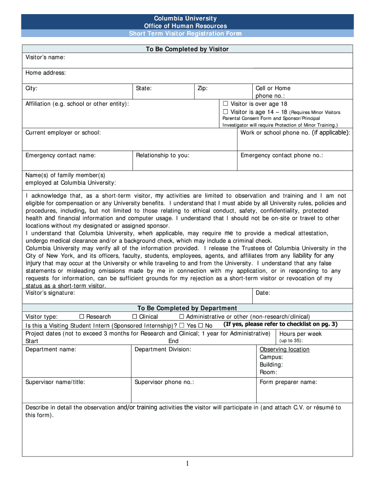 Short Term Visitor Registration Form Columbia University