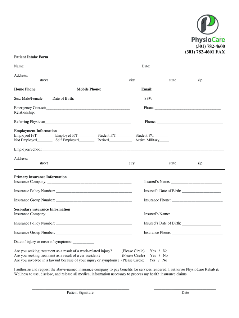 Function First Physical Therapy, P C Patient Intake Form