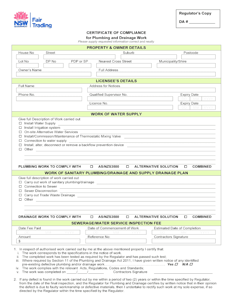 Plumbing Certificate of Compliance Sa  Form