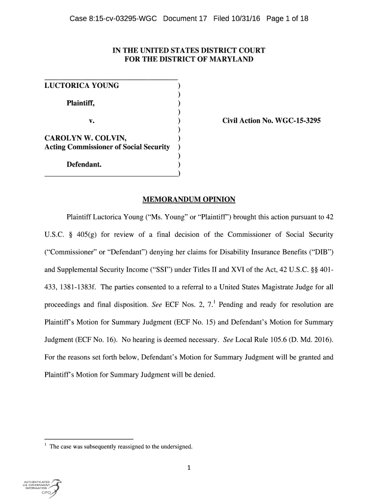 Case 815 Cv 03295 WGC Document 17 Filed 103116 Page 1 of 18  Form