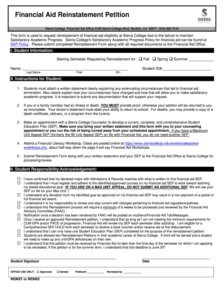 Fillable Online Sierracollege Reinstatement Petition Financial  Form