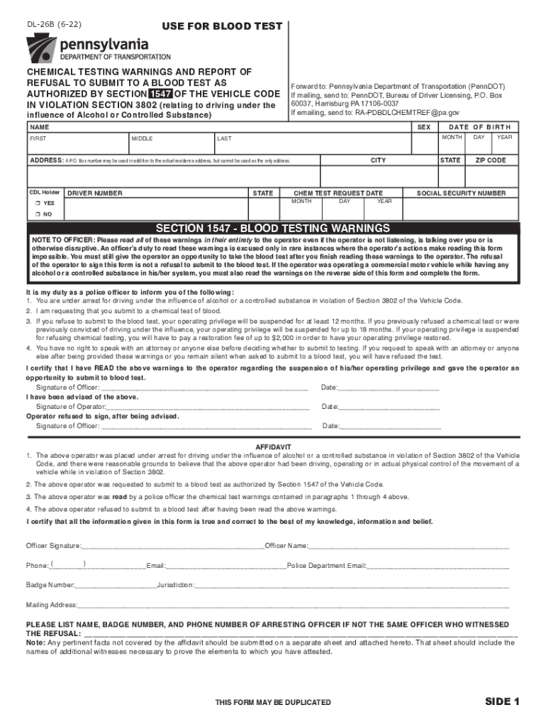 SECTION 1547 BLOOD TESTING WARNINGS  Form