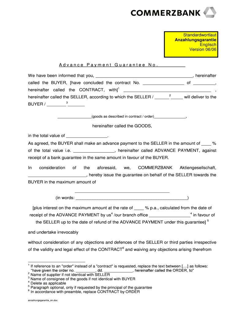 Advance Payment Bank Guarantee German Translation  Form