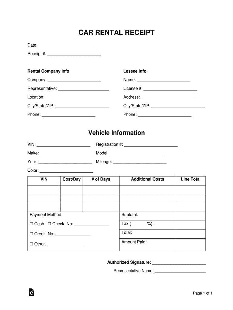 Car Rental Receipt PDF  Form
