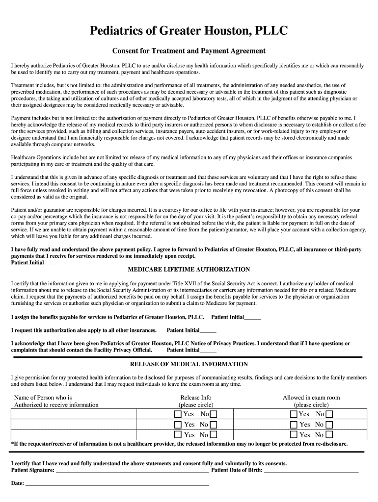 Consent for Treatment and Payment Agreement Consent Form