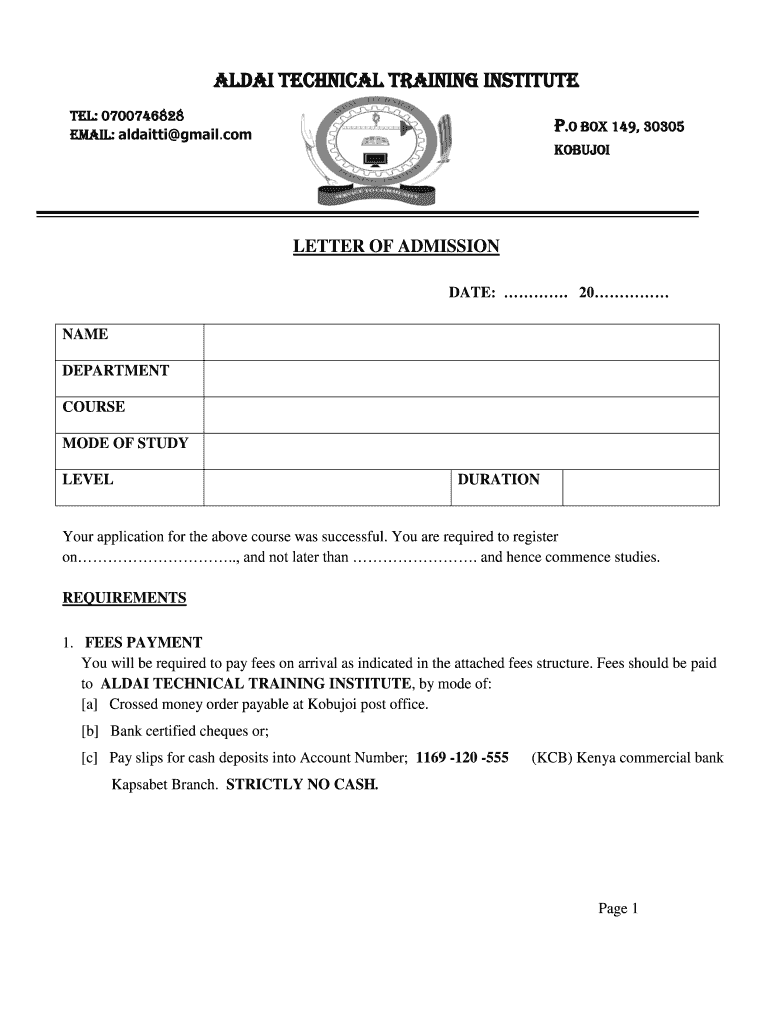 Aldai Technical Training Institute Admission Letter  Form