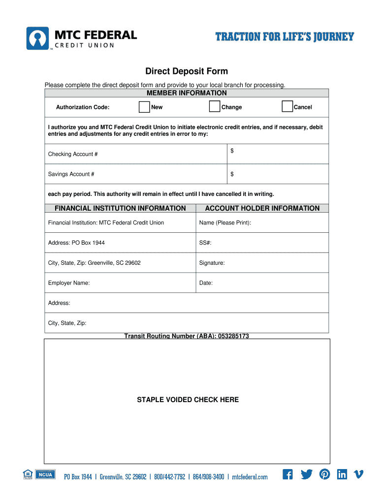 Direct Deposit Form MTC Federal Credit Union