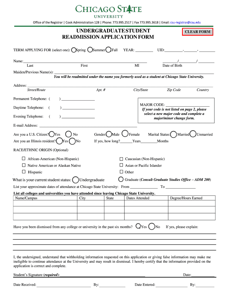 Undergraduate Student Readmission Application Form