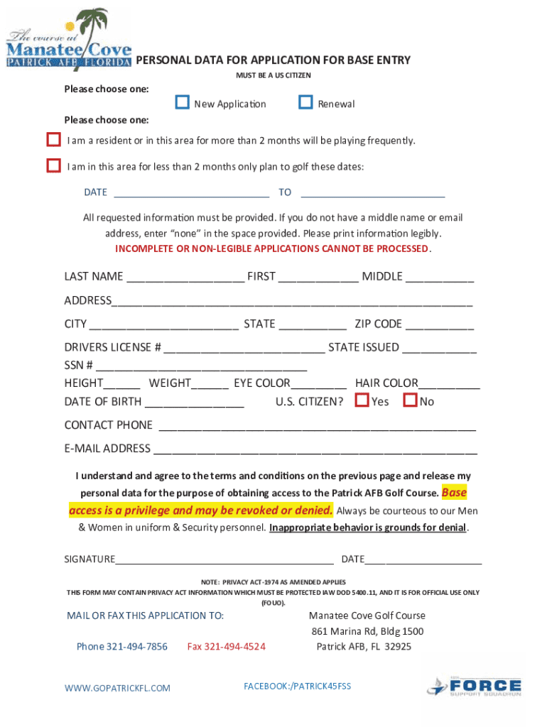 Manatee Cove Golf Course Application  Form