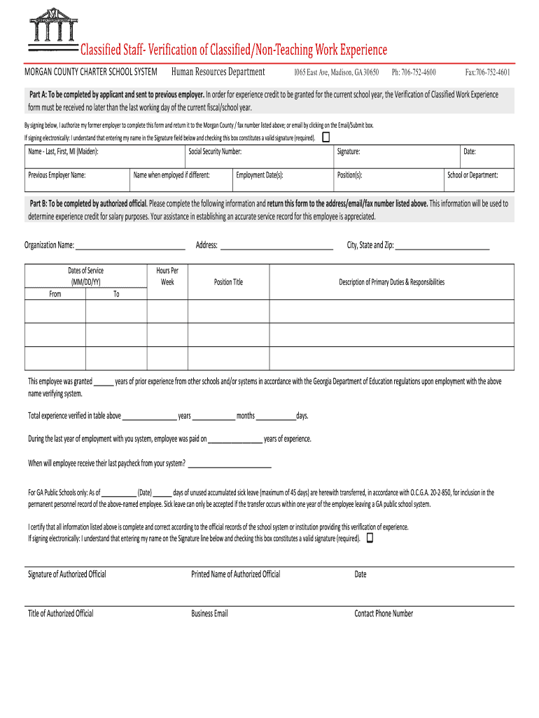 Classified Staff Verification of ClassifiedNon Teaching Work Experience Clear Form