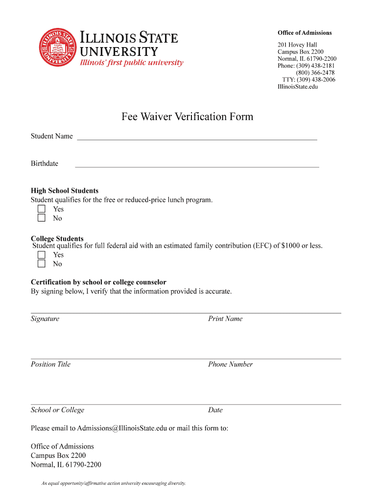 Fee Waiver Verification Form Illinois State University