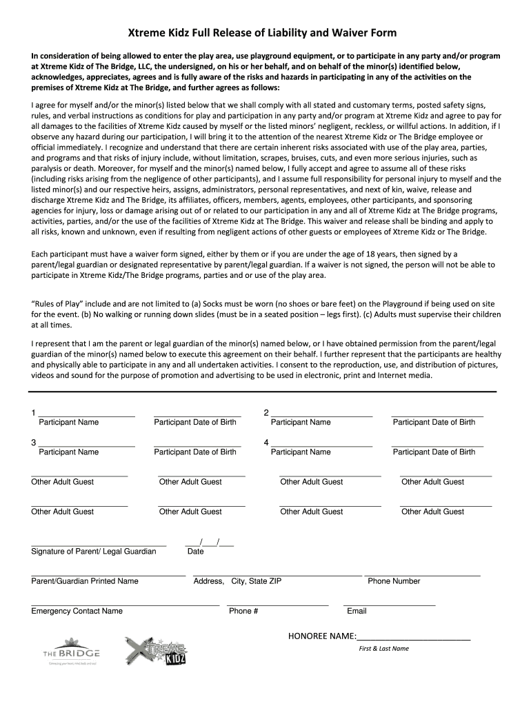 KIDZ PLAZA INDOOR PLAYGROUND WAIVER of LIABILITY ASSUMPTION  Form