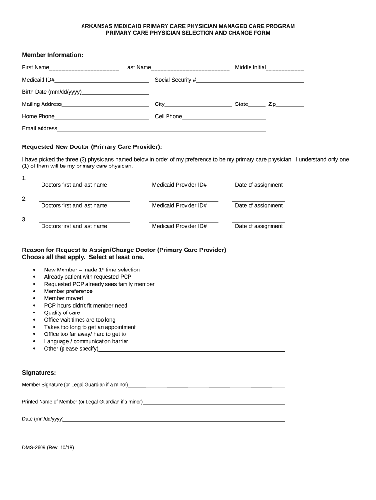 Form DMS 2609 Primary Care Physician Selection and Change Form