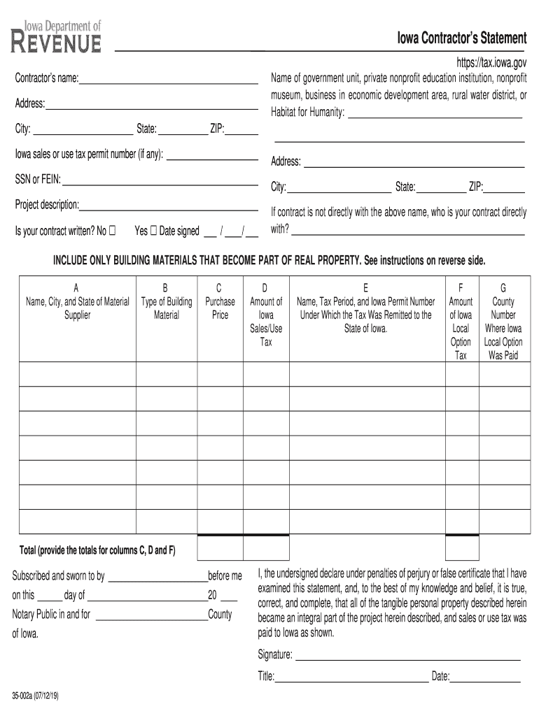 Fill in Iowa Contractors Statement  Form