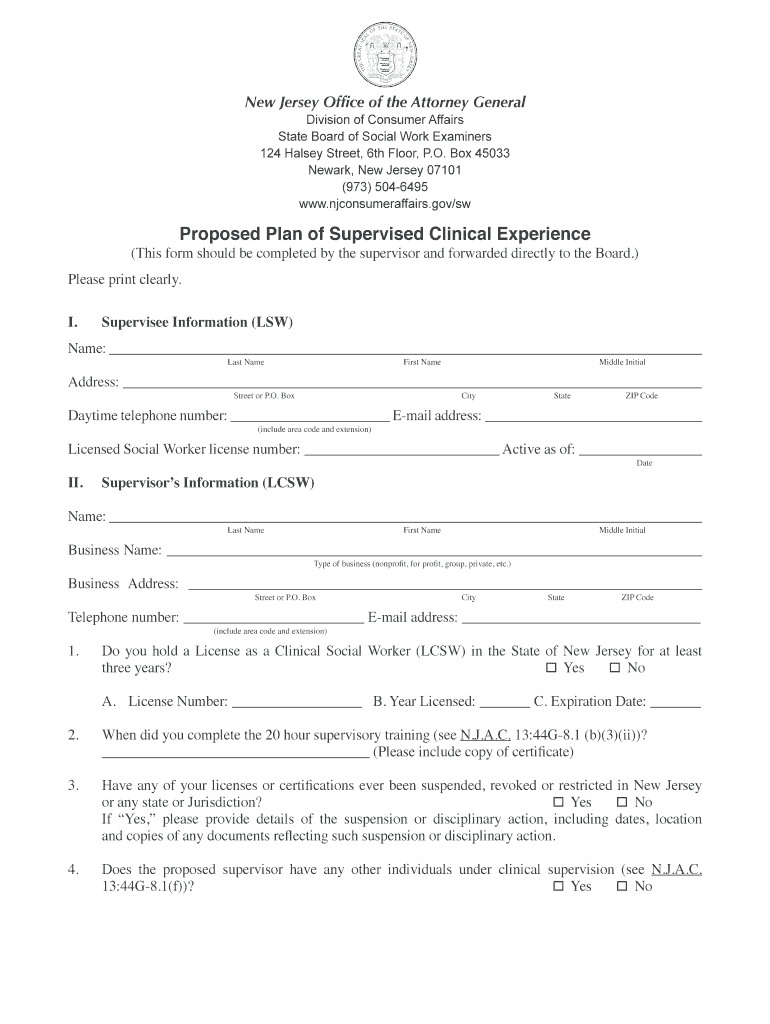 New Jersey Division of Consumer Affairs Newark, NJ  Form