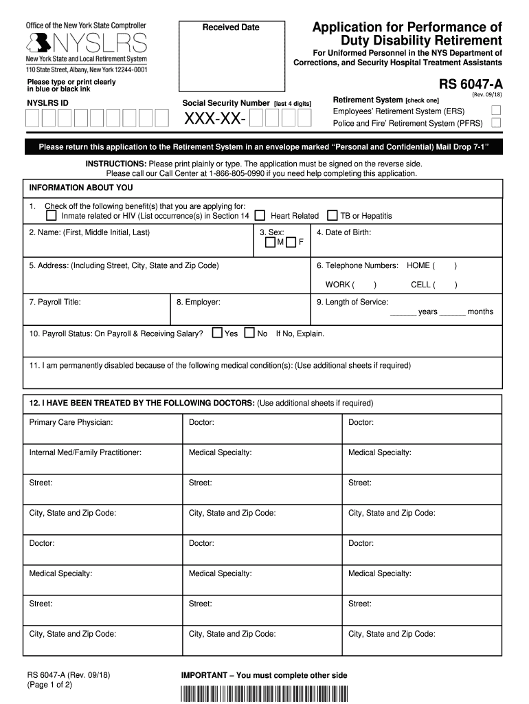  Application for Performance of Duty Disability Retirement RS6047 a 2018