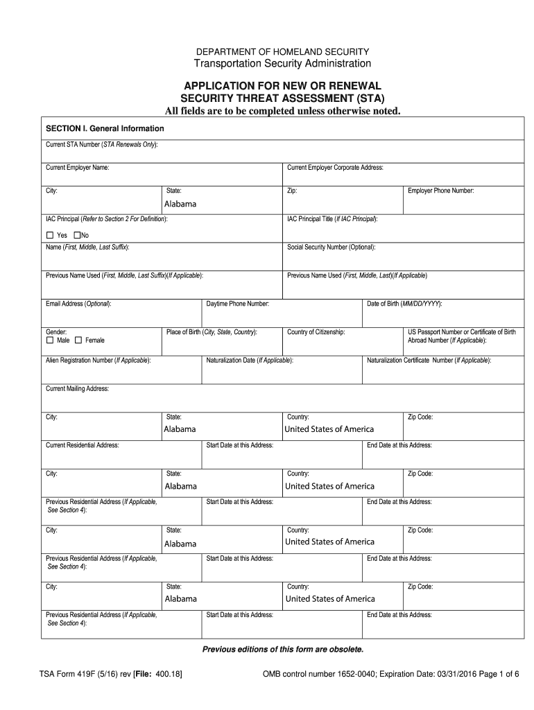  Application for New or Renewal Security Threat Assessment STA TSA Form 419F 516 2017