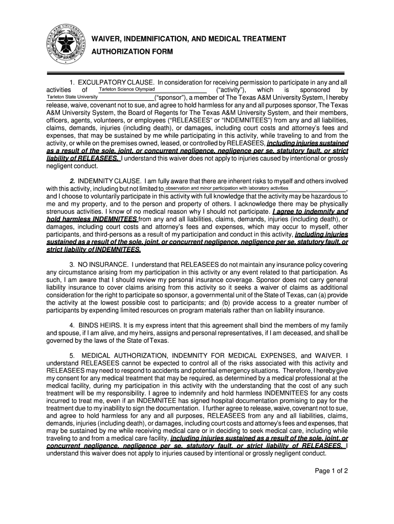  Tarleton State University Waiver Indemnification and Medical Treatment Authorization Form 2015-2024