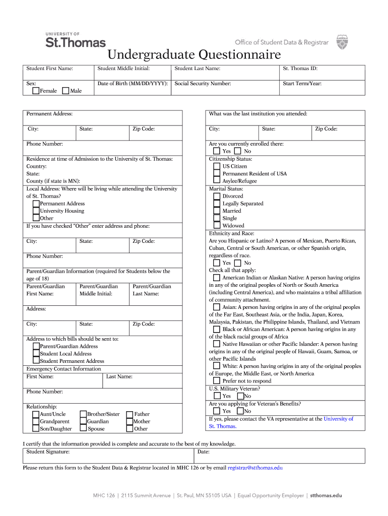 Undergraduate Questionnaire University of St Thomas  Form