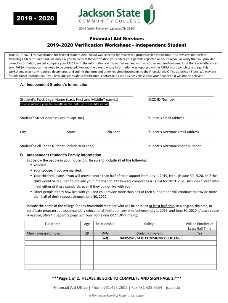  Independent Verification Worksheet USCB 2019