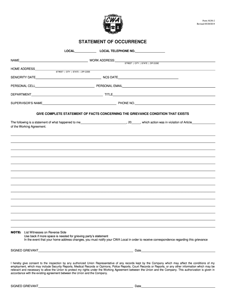 Statement of Occurrence CWA Local 3905  Form