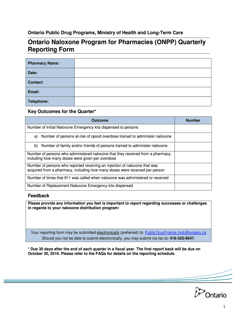 Naloxone Quarterly Report Ontario  Form