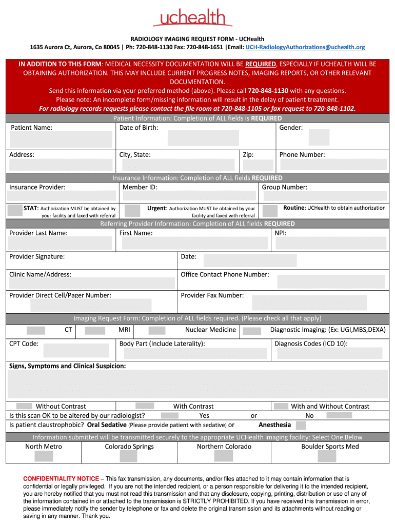 RADIOLOGY IMAGING REQUEST FORM UCHealth