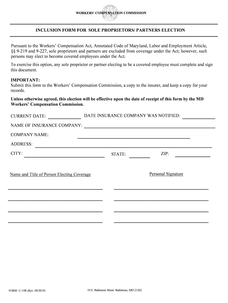  Inclusion Form for Sole Proprietors and Partners Election C15R 9 Election Pursuant Listed Laws, Version September 2019-2024