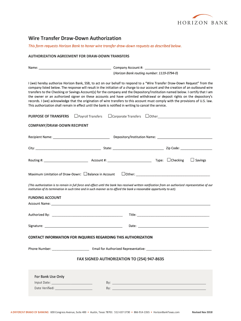 Get and Sign Wire Transfer Draw Down Authorization Horizon Bank 2018-2022 Form