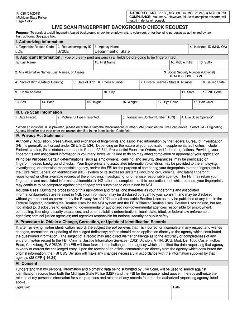 RI 030 Livescan Fingerprint Background Check Request Driver Education  Form