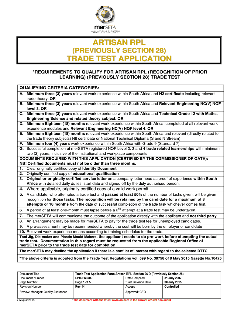 LPM FM 009 Trade Test Application Form Due for Review 30 July