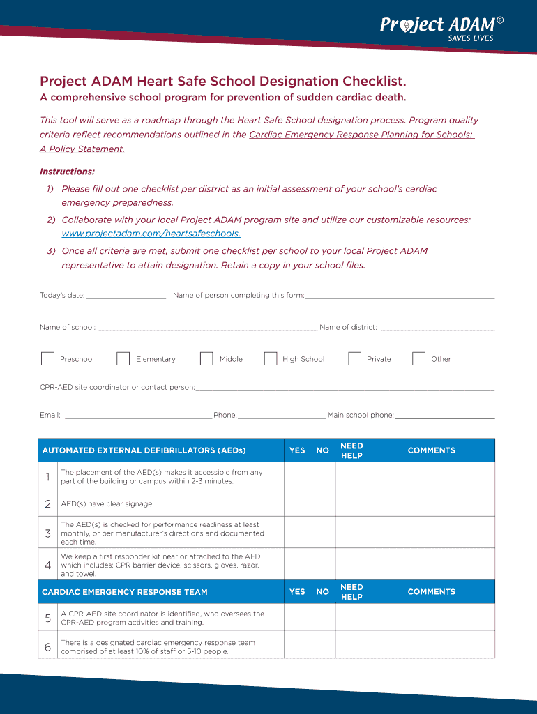 Project ADAM Heart Safe School Designation Checklist  Form