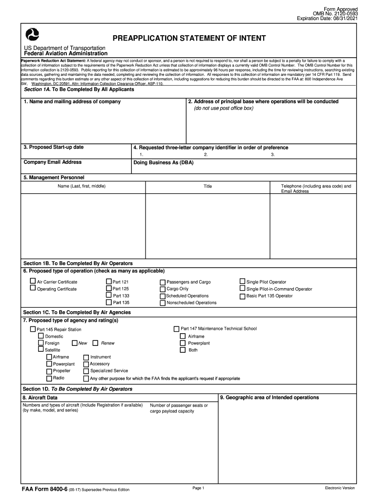 Get and Sign Preapplication Statement of Intent Federal Aviation  Form