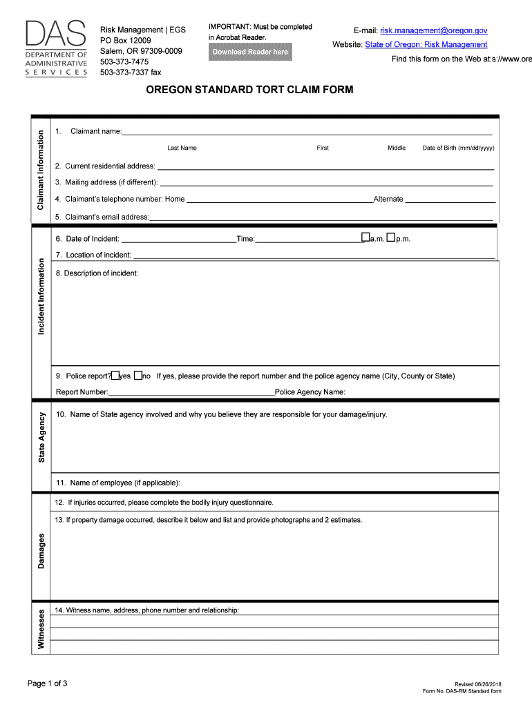  Fillable Online Oregon Non Auto Tort Claim Form Oregongov 2018-2024