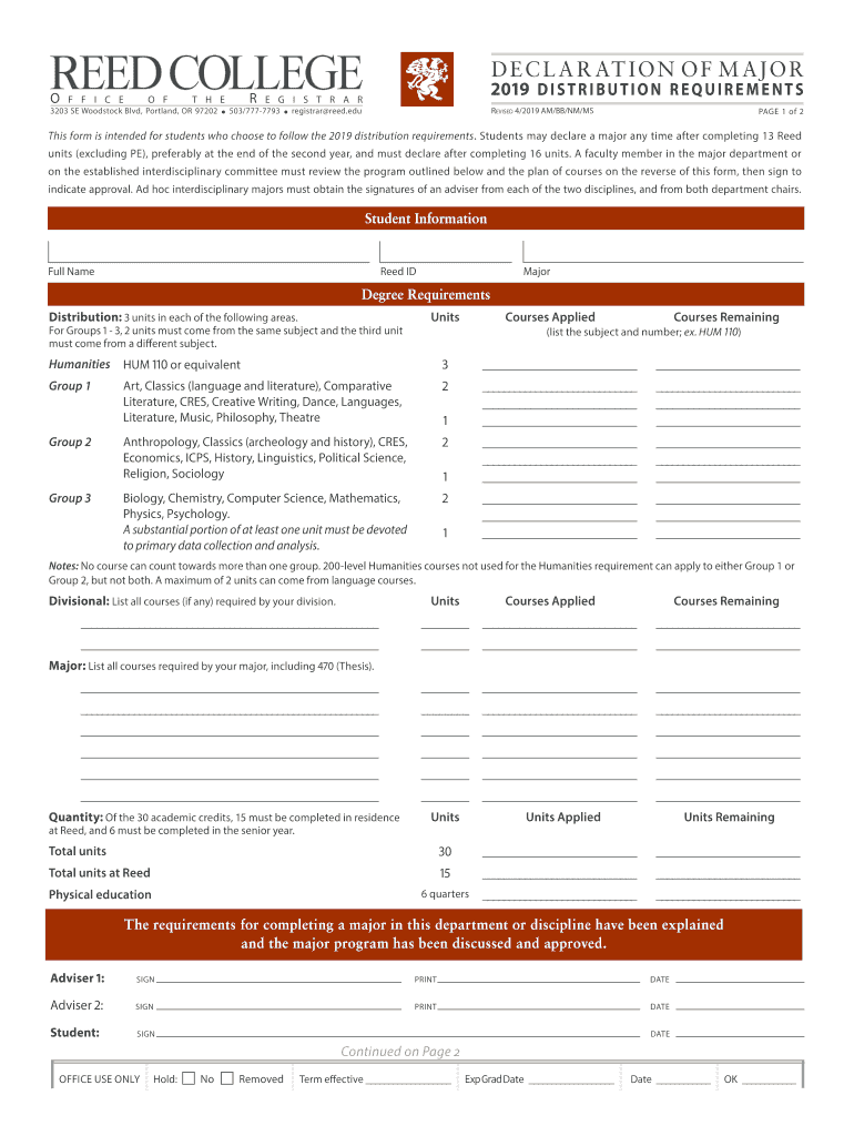 Reed College Declaration Major  Form