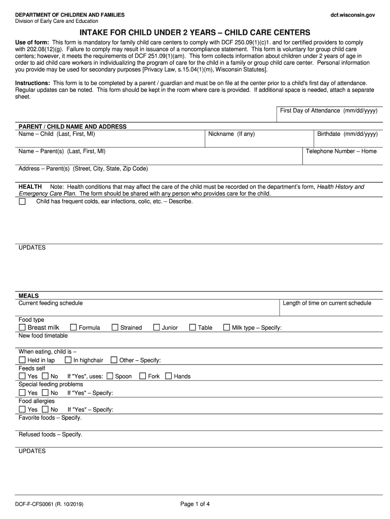  Intake for Child under 2 Years Child Care Centers, DCF F CFS61 Child Care Regulation 2019-2024