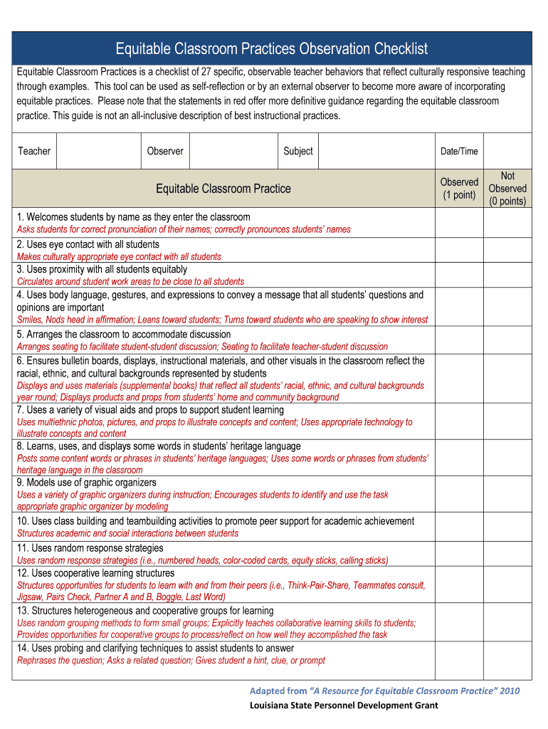 Equitable Classroom Practices Observation Checklist  Form