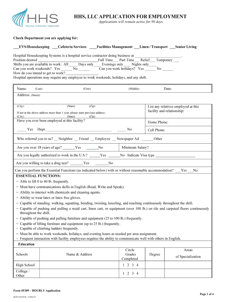 Hhs Llc Application for Employment  Form