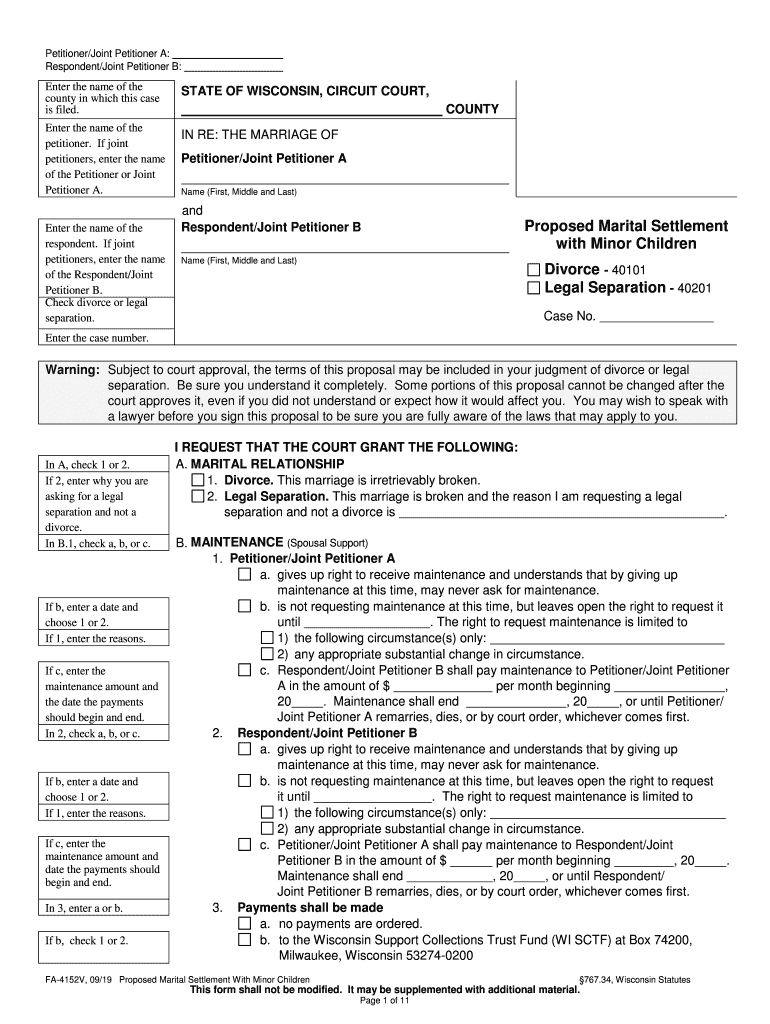  Wisconsin Marital Settlement Form 2019-2024